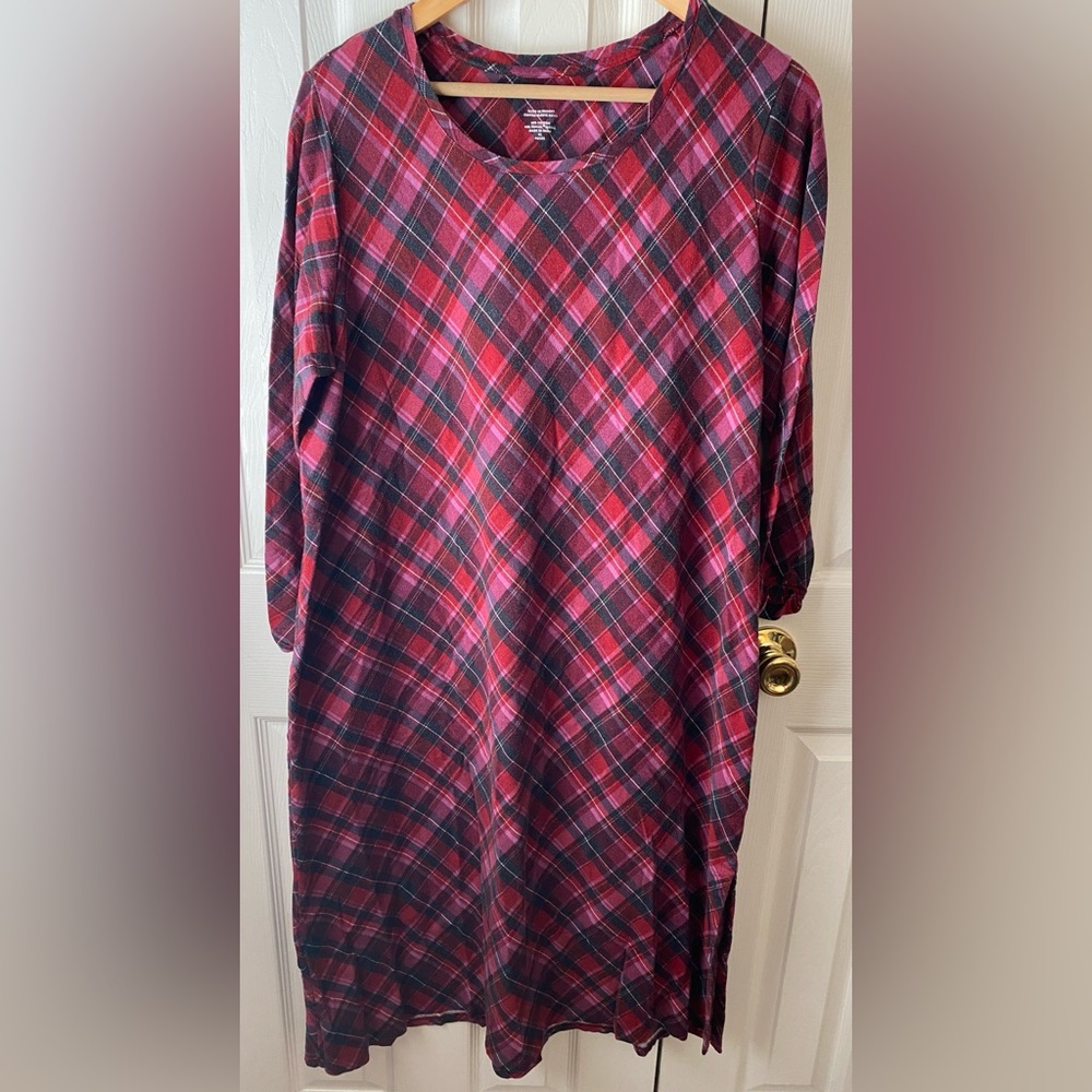 j. jill Sleep Ultrasoft Cuffed-Sleeve Long Nightgown in Red and Purple Plaid XLP
